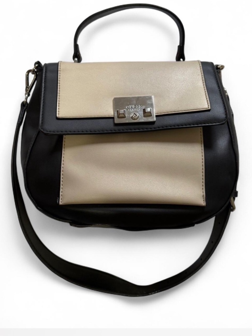 Guess Two-Tone Leather Satchel in Beige and Black
